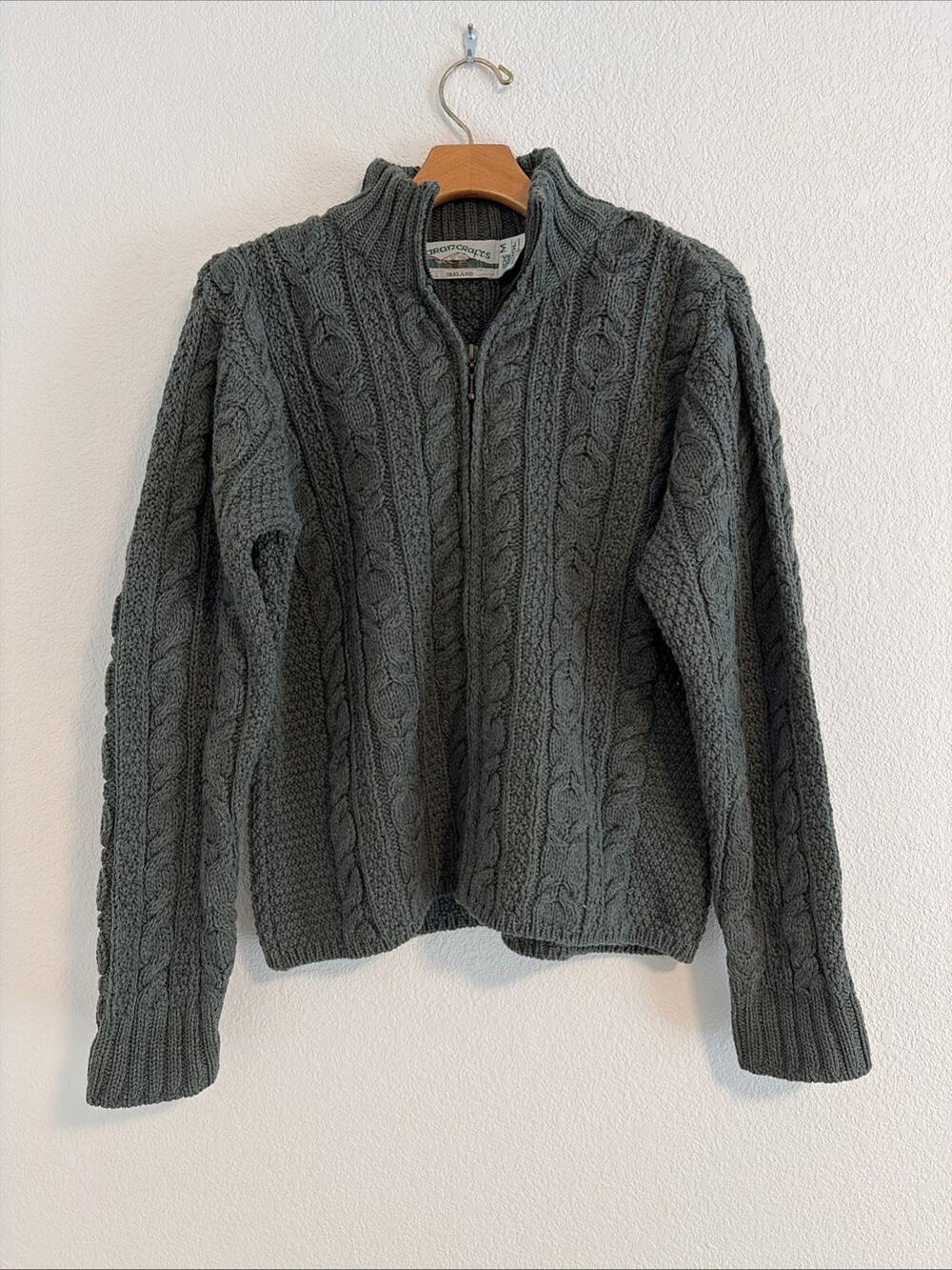 Vintage Aran Crafts 100% Wool Womens M Gray Zipper Cable Knit Cardigan Sweater